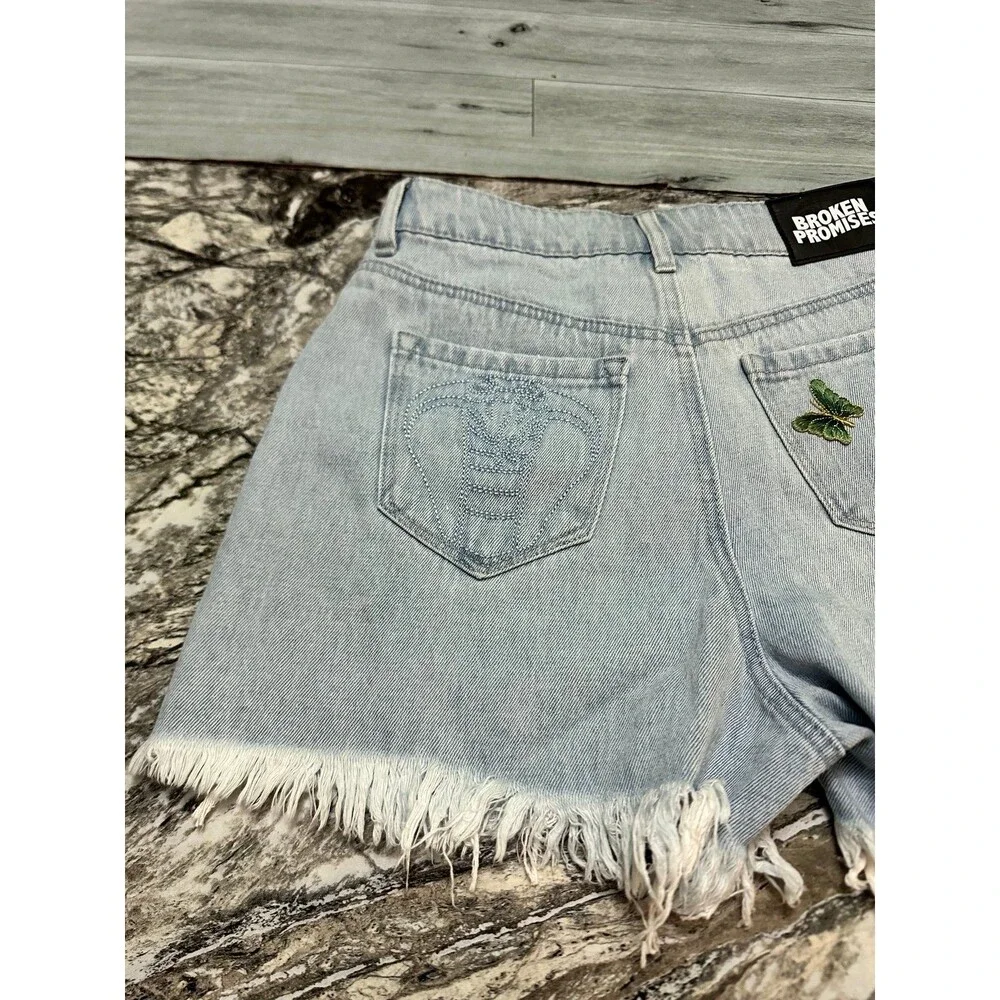 Broken Promises Two-Tone White & Light Blue Distressed Denim Shorts